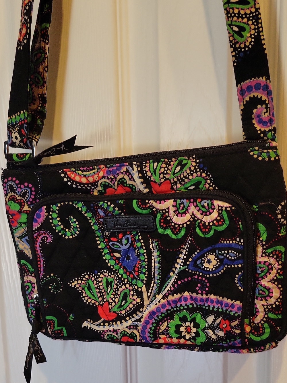 Vera Bradley Black Quilted Crossbody with Bright Paisley Print
